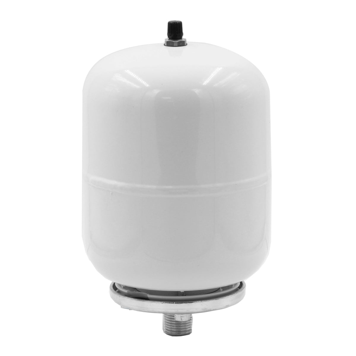 A white cylindrical 2 litre expansion vessel with a metal base and a top black cap, typically used in heating systems.